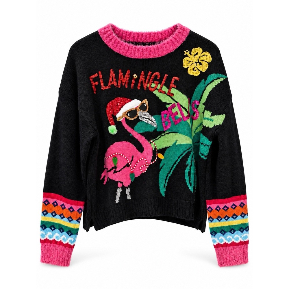 Joy Sweaters Flamingle Bells Sequin Flamingo Christmas Sweater Black L